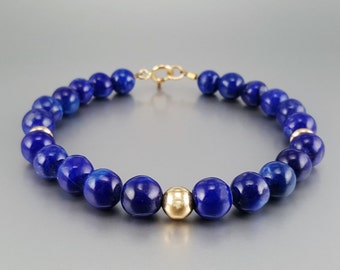 Lapis Lazuli bracelet 14K gold unique gift for her polished blue natural gemstone beads September December birthstone anniversary DDP USpaid
