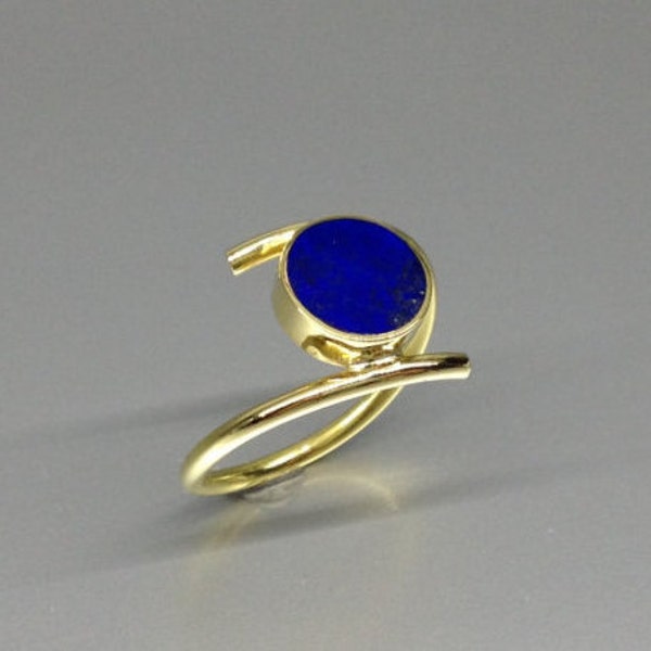 Ring round Lapis Lazuli with solid 18k gold unique gift for her modern design genuine blue afghan natural gemstone September birthstone