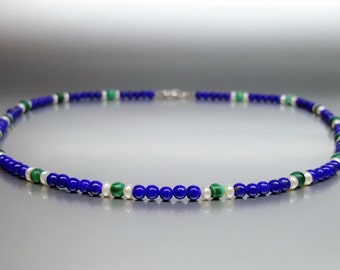 Necklace Lapis Lazuli Malachite and freshwater pearls unique gift for her or him natural blue green gemstone September December birthstone