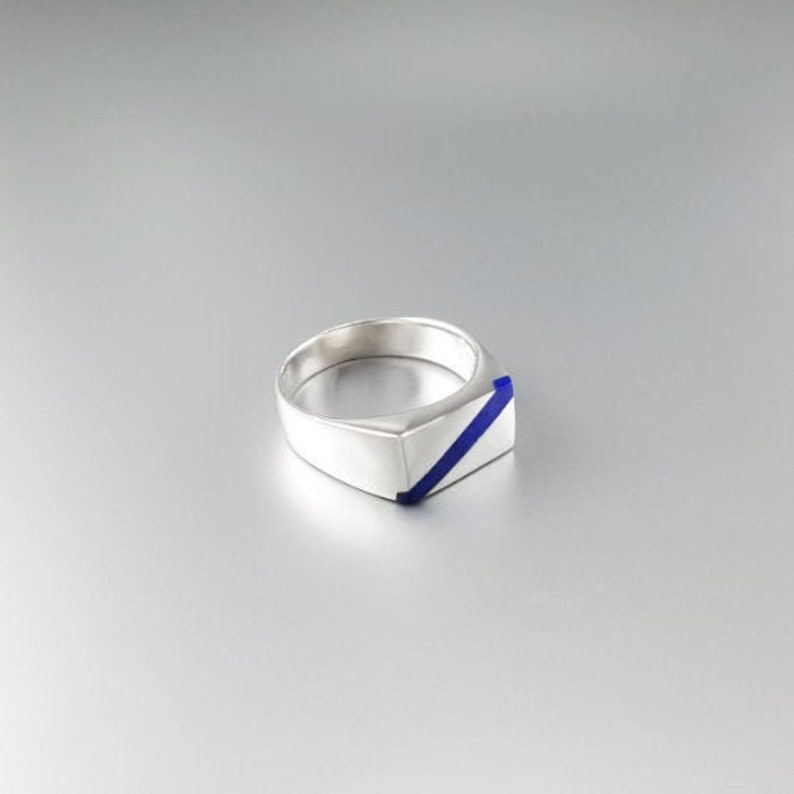 Ring Lapis Lazuli stripe and silver unique gift for her or him natural blue afghan gemstone inlay work September December birthstone image 3