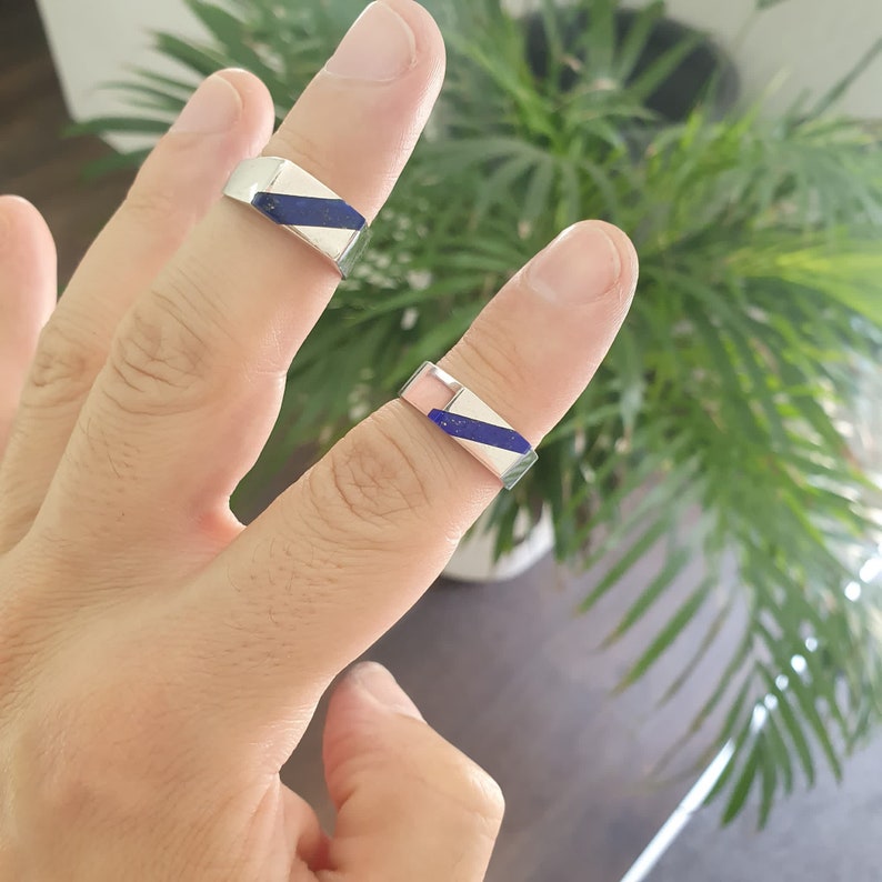 Ring Lapis Lazuli stripe and silver unique gift for her or him natural blue afghan gemstone inlay work September December birthstone image 6