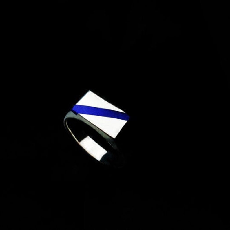 Ring Lapis Lazuli stripe and silver unique gift for her or him natural blue afghan gemstone inlay work September December birthstone image 4