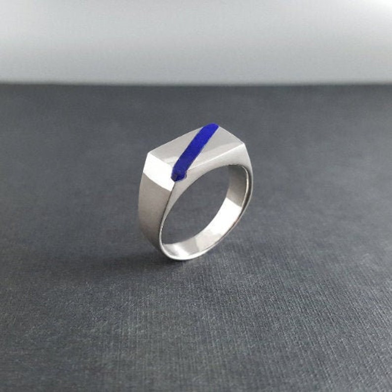 Ring Lapis Lazuli stripe and silver unique gift for her or him natural blue afghan gemstone inlay work September December birthstone image 2