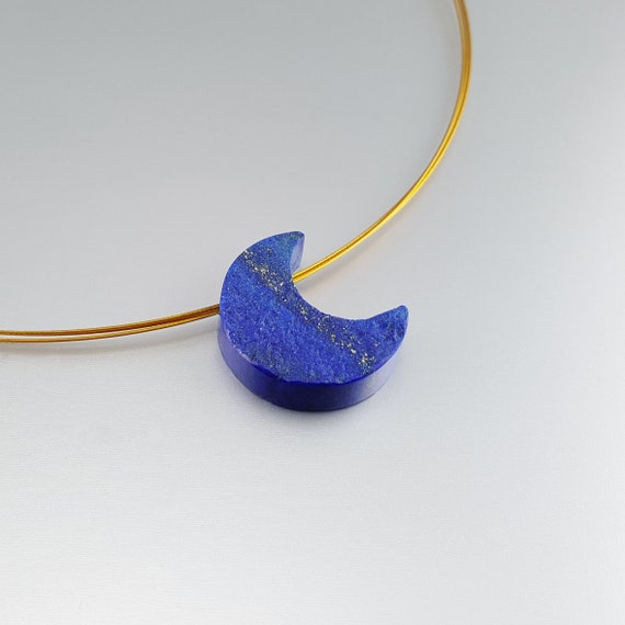 Pendant Lapis Lazuli Raw Stone Moon With Chain Unique Gift for Her