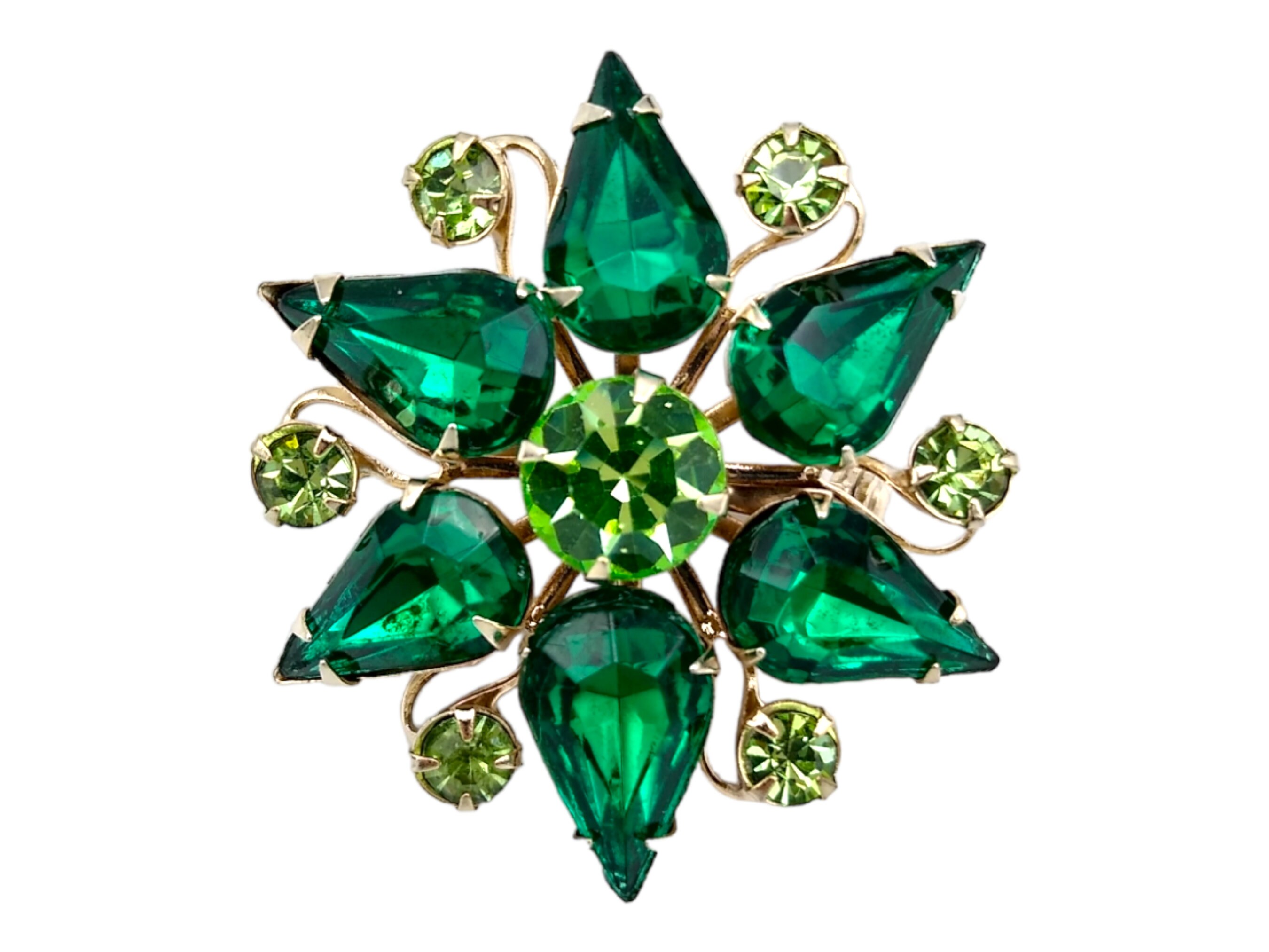 Green Rhinestone Brooch, Green Snowflake Brooch, Emerald and Peridot Green  Rhinestones 