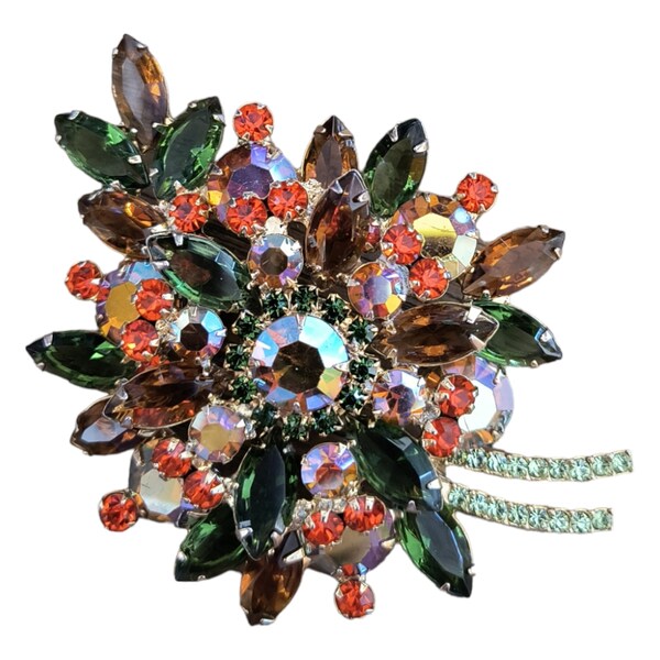 Huge Juliana Leaf Brooch, Autumn Color Palette, Green, Brown, and Orange Rhinestones!