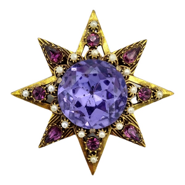 Broche étoile Florenza, énorme broche étoile Florenza violet lavande électrique avec strass et perles violets améthyste