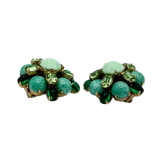 Green Schreiner Earrings, Green Speckled Cabochon… - image 3