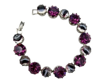 Purple Rhinestone Bracelet, Unsigned Kramer Purple Rhinestones, and Purple and White Give Rhinestone Bracelet, Large Stones!