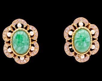 Marvella Rhinestone Earrings, Mottled Green Cabochons, Pearls, and Clear Rhinestones Clip Earrings, Signed Marvella!