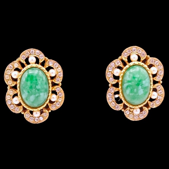Marvella Rhinestone Earrings, Mottled Green Caboch