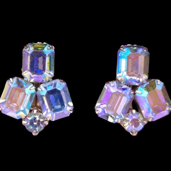 Weiss Rhinestone Earrings, Light Sapphire Blue Aurora Borealis Emerald Cut Rhinestone Clip Earrings, Signed Weiss!