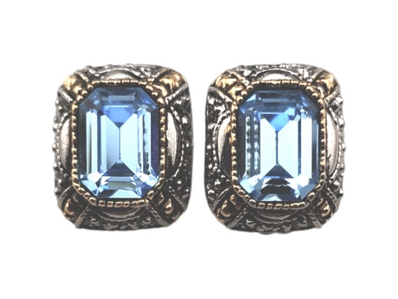 Blue Rhinestone Earrings, Large Blue Emerald Cut … - image 1