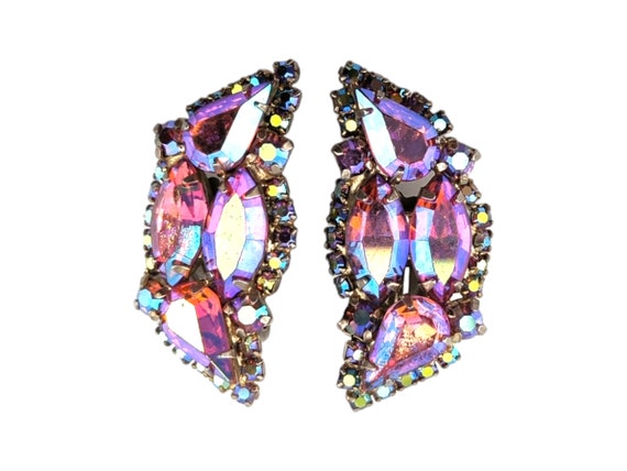 Pink Rhinestone Earrings, Pink Aurora Borealis Rh… - image 1