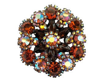 Juliana Topaz Rhinestone Brooch, Huge Flower Brooch, Topaz and Brown Rhinestones and Topaz Aurora Borealis!