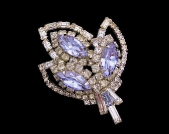 Lavender Rhinestone Leaf Brooch: Vintage Silver Tone Brooch