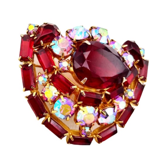 Red Rhinestone Brooch: Ruby & Aurora Borealis Sto… - image 2