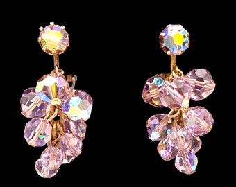 Lavender Earrings, Lavender Aurora Borealis Dangly Crystal Cluster Clip Earrings!