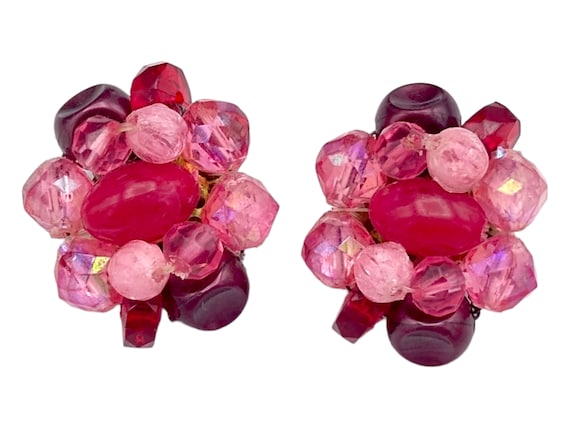 W Germany Pink Beaded Cluster Clip Earrings, Sign… - image 1