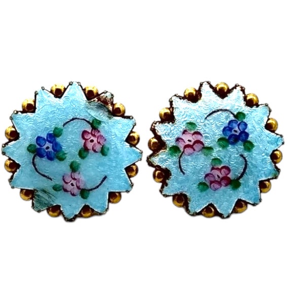 Guilloche Earrings, Blue Guilloche with Pastel Floral Design, Screw Back Earrings!