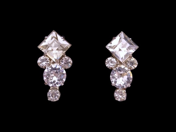 Princess Cut Rhinestone Earrings, Screwback Earri… - image 1