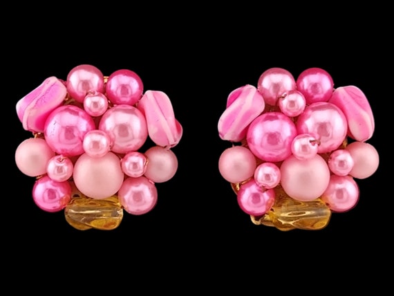Bright Pink Earrings, Pink and Yellow Beaded Clus… - image 1