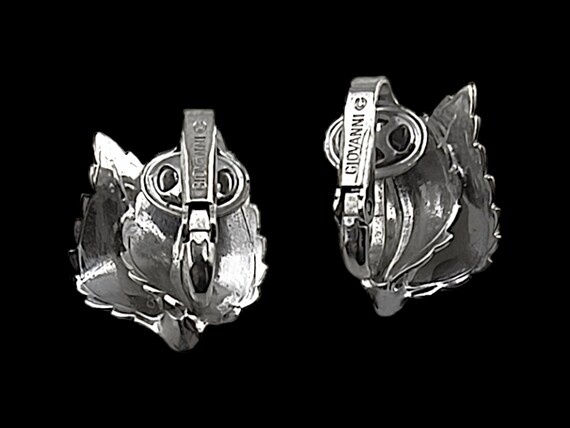 Signed Giovanni Clip Earrings, Silver Tone Leaves, Textured