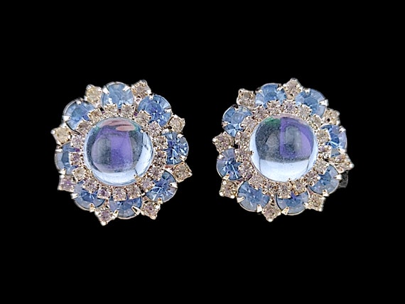 Hattie Carnegie, Rhinestone Earrings, Big Blue Gu… - image 1