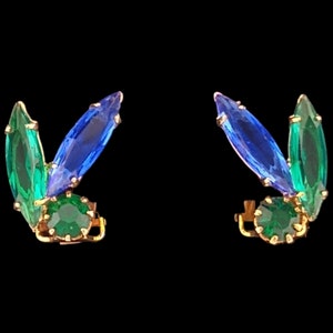 Blue and Green Rhinestone Earrings, Vintage Blue and Green Rhinestone Clip Earrings image 1