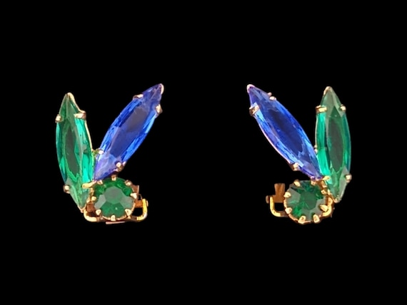 Blue and Green Rhinestone Earrings, Vintage Blue … - image 1