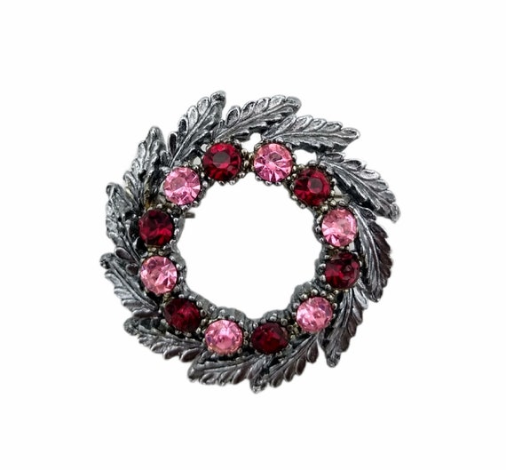 Red and Pink Rhinestone Floral Wreath Brooch! - image 1