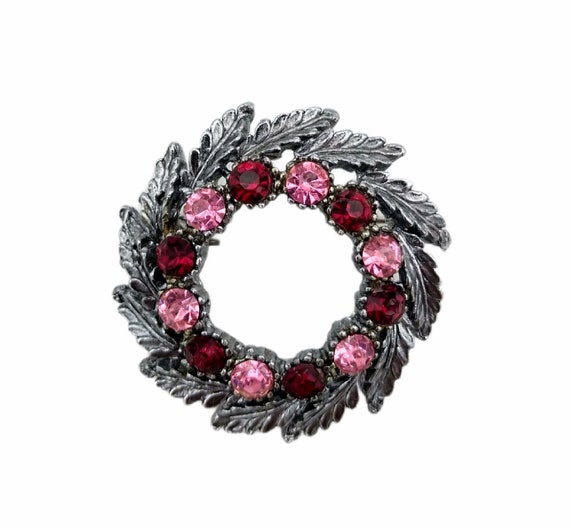 Red and Pink Rhinestone Floral Wreath Brooch! Gem