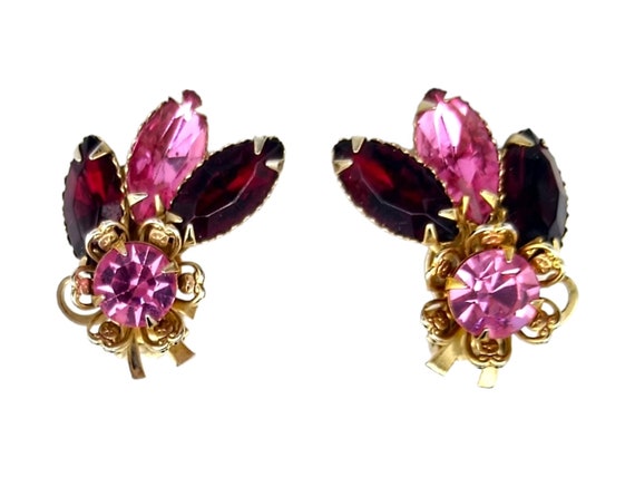 Rhinestone Clip Earrings, Pink and Red Rhinestone… - image 1