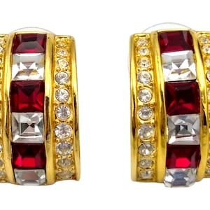 Vintage Roman Red Rhinestone Earrings: 80s Gold Tone Pierced Earrings