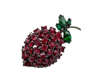 Rhinestone Strawberry Brooch, Signed Warner, Dark Juicy Red Rhinestones, Vivid Emerald Green Rhinestones!