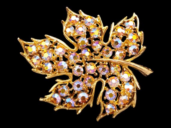 Rhinestone Leaf Brooch, Topaz Aurora Borealis Rhi… - image 1