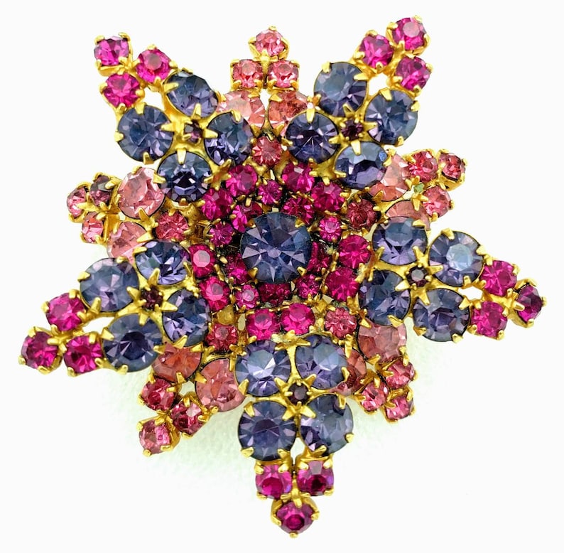Pink and Purple Rhinestones Flower Brooch and Earrings Set Demi Parure