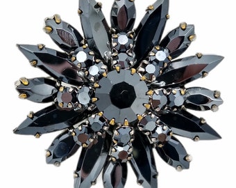 Glittering Black Glass Rhinestone Flower Brooch!