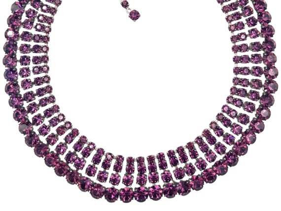 Purple Rhinestone Necklace, Full Collar, Exquisit… - image 2
