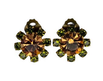 Austrian Rhinestone Earrings Signed Made in Austria Green and Brown Rhinestone Clip Earrings