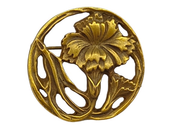 Art Nouveau Floral Brooch, Brassy Gold Tone Flora… - image 1