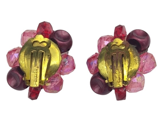 W Germany Pink Beaded Cluster Clip Earrings, Sign… - image 2