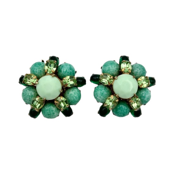 Green Schreiner Earrings, Green Speckled Cabochon… - image 1