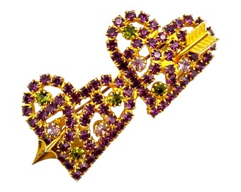 Purple Rhinestone Hearts & Arrow Brooch: Gold Tone Vintage Pin