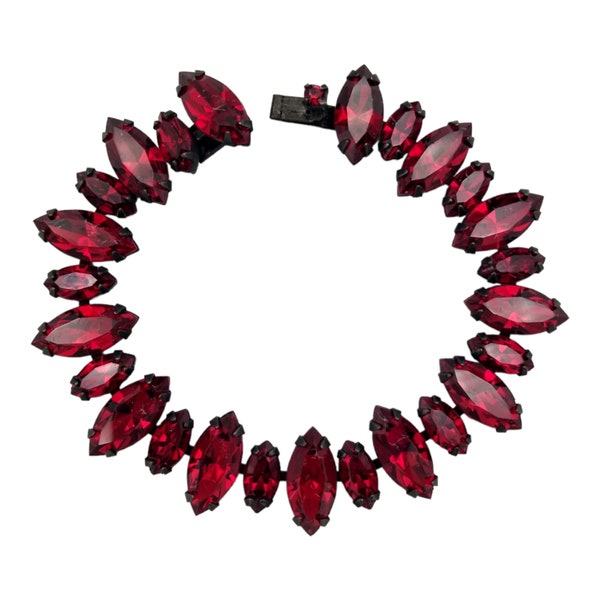 Regency Red Rhinestone Bracelet, Large and Medium Sized Red Marquise Rhinestones in Darkened Metal Setting!