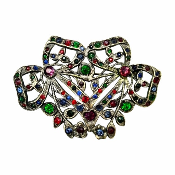 Vintage Rhinestone Brooch, Purple, Red, Blue, Gre… - image 1