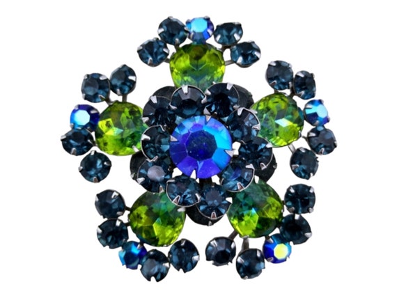 Green Blue Rhinestone Brooch, Green and Blue Wate… - image 1