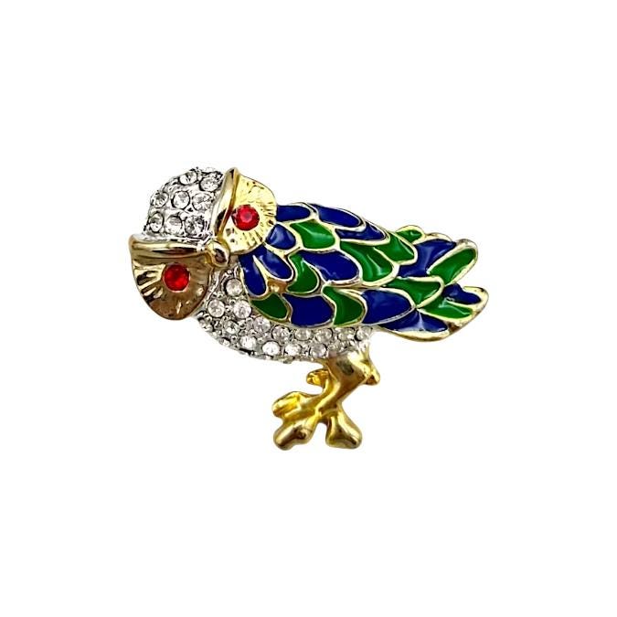 Rhinestone Owl Brooch: Enamel Figural Pin