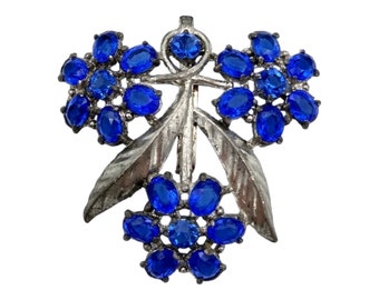 Blue Rhinestone Brooch, Royal Blue Oval Cut Rhinestones, Trio of Flowers Potmetal Brooch, Signed Japan!