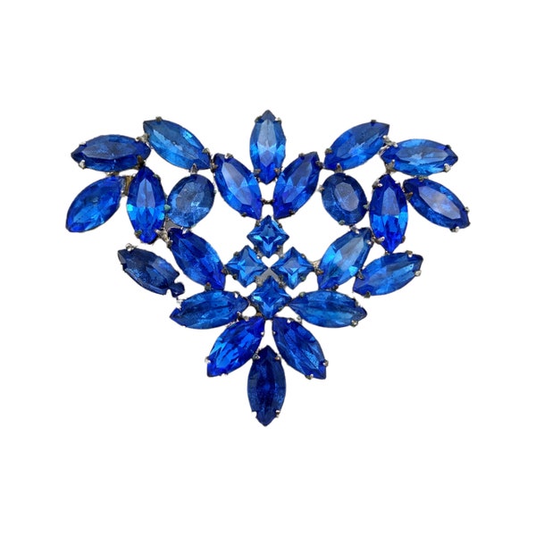 Broche Weissco bleu, marquise bleu royal et strass taille carrée, grande broche !